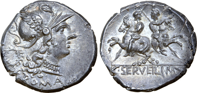 C. Servilius M. f. AR Denarius. Rome, 136 BC. Helmeted head of Roma right; wreat...