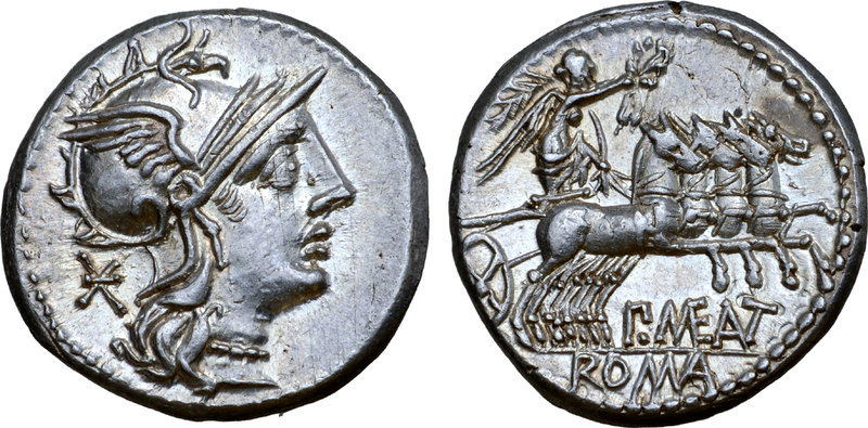 P. Maenius Antiaticus M. f. AR Denarius. Rome, 132 BC. Helmeted head of Roma rig...