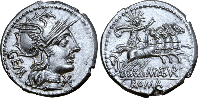 M. Aburius M. f. Geminus AR Denarius. Rome, 132 BC. Helmeted head of Roma right;...