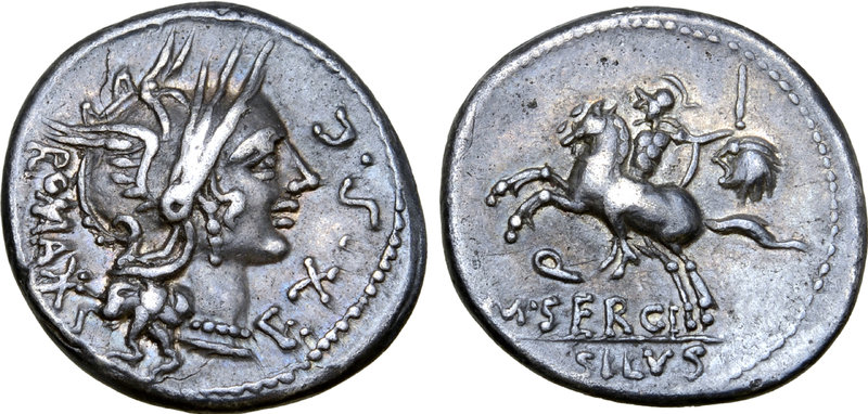 M. Sergius Silus AR Denarius. Rome, 116-115 BC. Helmeted head of Roma right; ROM...