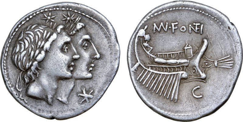 Mn. Fonteius AR Denarius. Rome, 108-107 BC. Laureate and jugate heads of the Dio...
