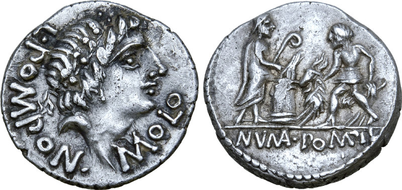 L. Pomponius Molo AR Denarius. Rome, 97 BC. Laureate head of Apollo right, L•POM...