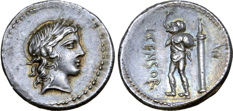 L. Censorinus AR Denarius. Rome, 82 BC. Laureate head of Apollo right / Marsyas ...