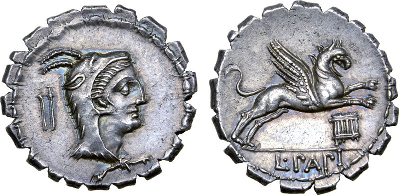 L. Papius AR Serrate Denarius. Rome, 79 BC. Head of Juno Sospita right, wearing ...