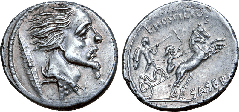 L. Hostilius Saserna AR Denarius. Rome, 48 BC. Head of Gallic captive right; Gal...