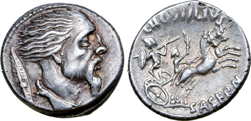 L. Hostilius Saserna AR Denarius. Rome, 48 BC. Head of Gallic captive right; Gal...