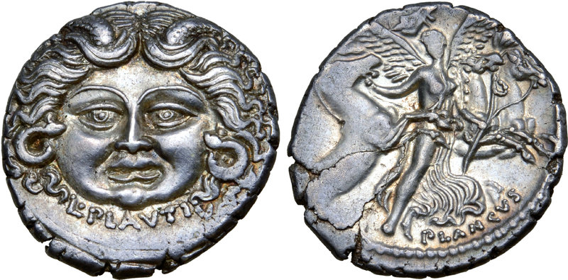 L. Plautius Plancus AR Denarius. Rome, 47 BC. Head of Medusa facing, with coiled...