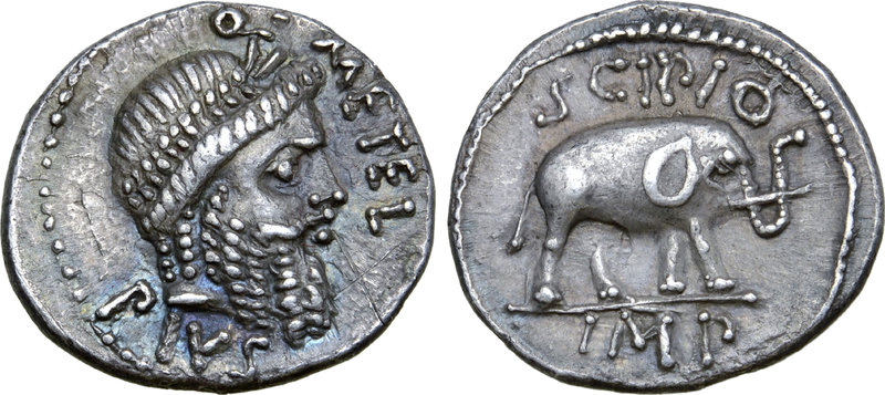 Q. Caecilius Metellus Pius Scipio AR Denarius. Military mint travelling with Sci...