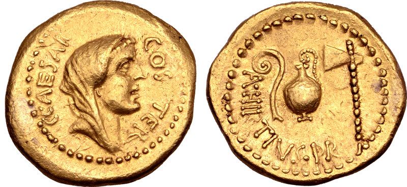 Julius Caesar AV Aureus. Rome, early 46 BC. A. Hirtius, praetor. Veiled female h...