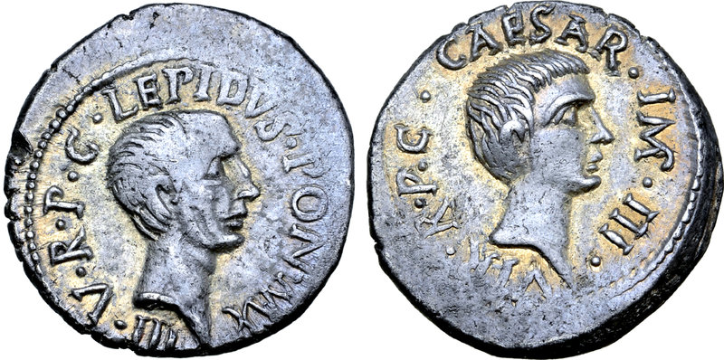 M. Aemilius Lepidus and Octavian AR Denarius. Military mint travelling with Lepi...