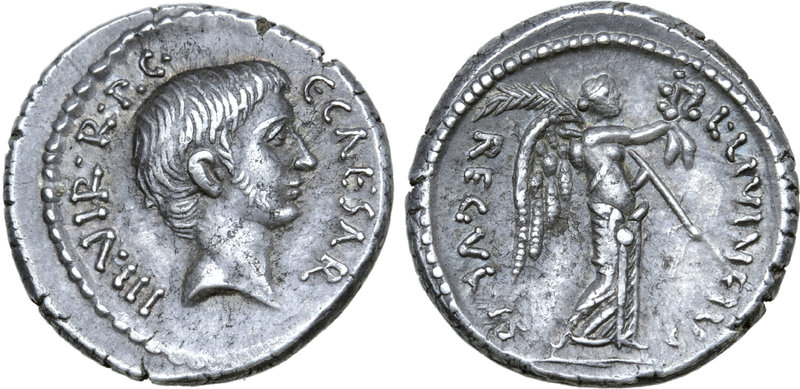 Octavian and L. Livineius Regulus AR Denarius. Rome, 42 BC. C•CAESAR III•VIR•R•P...