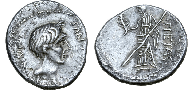 Sextus Pompey AR Denarius. Spain, 45-44 BC. Head of Cn. Pompeius Magnus right; [...