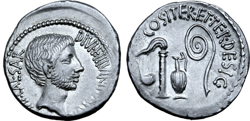 Octavian AR Denarius. Southern or central Italian mint, summer 37 BC. IMP•CAESAR...