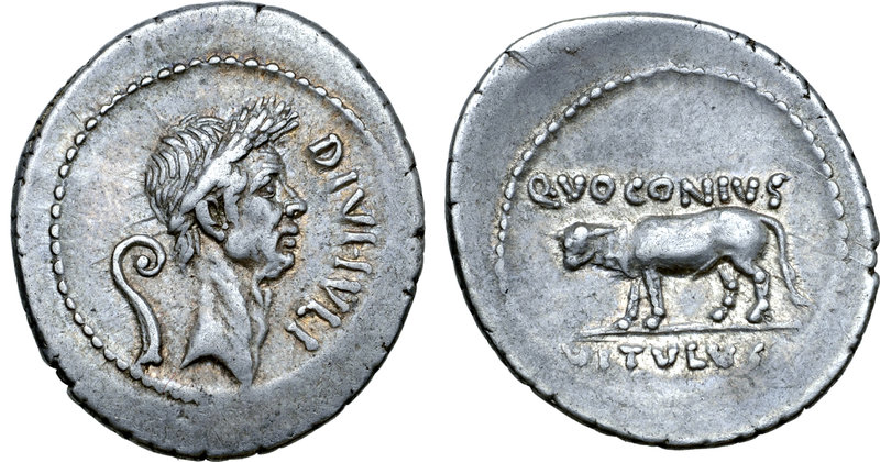 Julius Caesar AR Denarius. Rome, 40 BC. Q. Voconius Vitulus, moneyer. Laureate h...