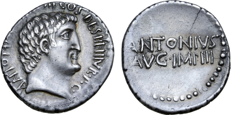 Marc Antony AR Denarius. Athens, Summer 32 BC. Bare head of Marc Antony right; i...