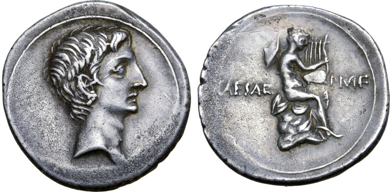 Octavian AR Denarius. Italian mint (Rome?), autumn 32 - summer 31 BC. Bare head ...