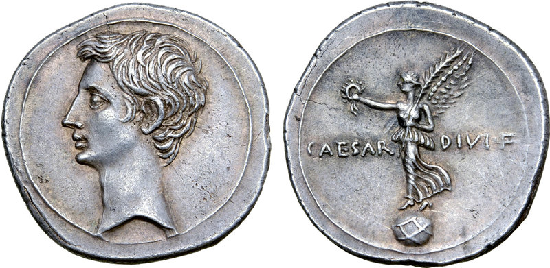 Octavian AR Denarius. Italian mint (Rome?), autumn 31 - summer 30 BC. Bare head ...