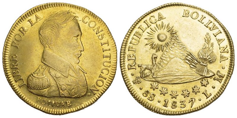 Bolivien Republik 8 Escudos 1837 PTS-LM, Potosi. 23,68 g Feingold. Fb. 21. GOLD....
