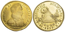 Bolivien Republik 8 Escudos 1837 PTS-LM, Potosi. 23,68 g Feingold. Fb. 21. GOLD. Äußerst selten in dieser Erhaltung. Prachtexemplar. fast unzirkuliert...
