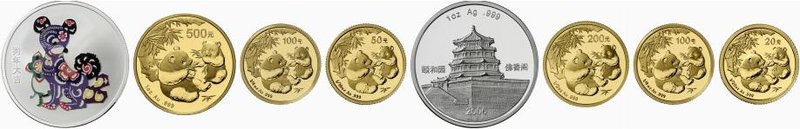 Münzset 2006, bestehend aus 500, 200, 100, 50 und 20 Yuan. Panda. Dazu: Silberme...