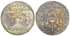 Deutschland / Germany Reichsguldiner 1575. Reichsadler, Reichsapfel mit 60 / 2 Wappen über freistehender Jahreszahl. Titel Maximilian II. 24,39 g. Seh...