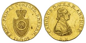 Deutschland / Germany Frankfurt-Fürstentum Carl Theodor von Dalberg, Fürstprimas, 1806-1815 Dukat 1809 
B.H. Frankfurt. Brb. n.r./gekr. Wappen mit Ma...