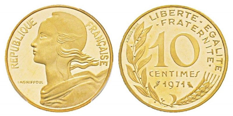 France, Piéfort or de 10 Centimes Marianne, 1971, AU 13 g. 920‰ Ref : Taill.46.P...