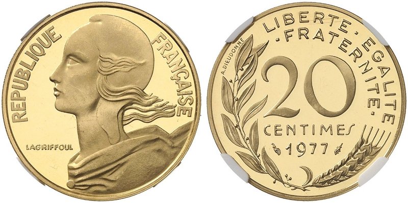 Frankreich 5. Republik seit 1958. 20 Centimes 1977. Dickabschlag (Piéfort) in Go...
