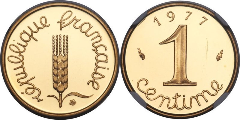 Frankreich 5. Republik seit 1958. 1 Centime 1977. Dickabschlag (Piéfort) in Gold...