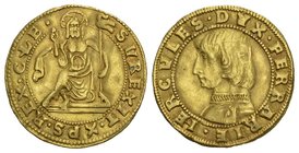 Italien / Italy -FerraraErcole d Este 1471-1505
Ducato o.J. (um 1475) Brustb. n.l./Christus sitzt v. v. mit segnender Rechten und Vexillum. 3,42 g
s...