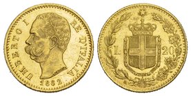 Italien Umberto I., 1878-1900. 20 Lire 1882 R, Rom. 6,44 g. Fb. 21; Pagani 578; Schl. 66. GOLD. 
Vorzüglich