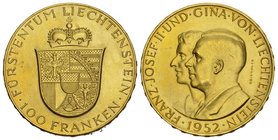 Liechtenstein Franz Joseph II., 1938-1989. 100 Franken 1952. Fr. 19; HMZ 2­1385a. 32,26 g.
GOLD. Unzirkuliert