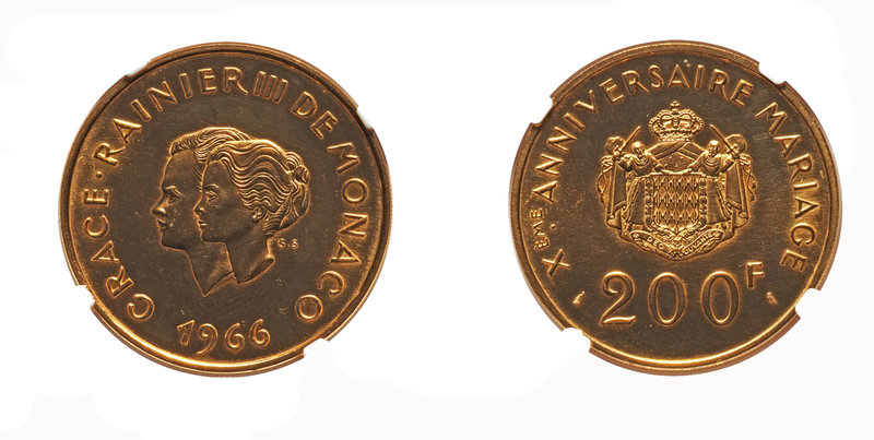 Monaco Rainier III, 1949-2004. 200 Francs 1966, Paris. 10ème anniversaire du mar...