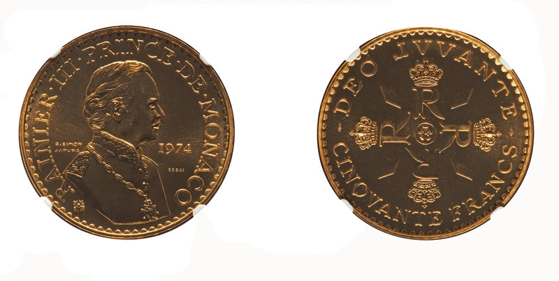 Monaco Rainier III., 1949-2005. 50 Francs 1974,Probe ESSAI auf sein 25jähriges R...