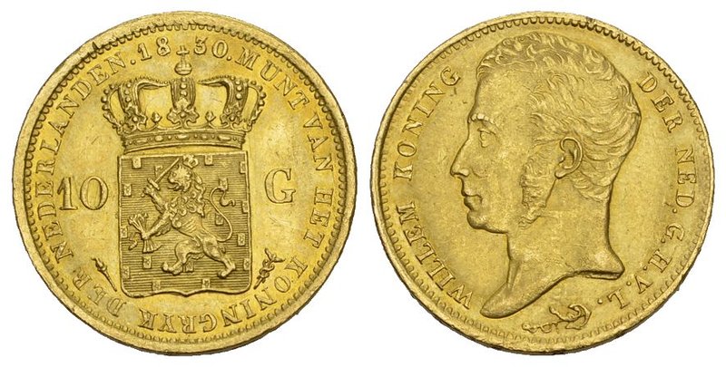 Netherlands, Willem I, Gold 10-Gulden, 1830, Utrecht, head left, rev crowned arm...