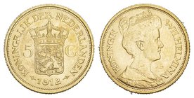 Netherlands Wilhelmina, 1890-1948. 5 Gulden 1912, Utrecht. 3,37 g Feingold. Fb. 350; Schl. 170; Schulman
 754. GOLD FDC