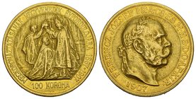 Österreich Franz Josef I., 1848-1916. 100 Kronen 1907, Kremnitz. Auf das 40-jährige Krönungsjubiläum als König von Ungarn. FERENCZ JÓZSEF I K A CS ÉS ...