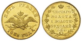 Russland / Russia Nikolaus I. 1825-1855 5 Rubel 1831, SPB/PD-St. Petersburg Bitkin 6 Schlumberger 30 Friedberg 154 GOLD. 6.54 g fast unzirkuliert