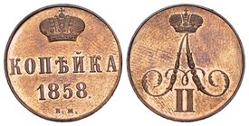 Russland / Russia GROSSFUERSTENTUM / KAISERREICH. Alexander II., 1855 - 1881. Kopeke 1858 BM. Mzst. Warschau. Bitkin 476(R1) fast FDC