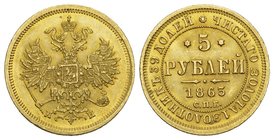 Russland / Russia ZAR ALEXANDER II., 1855-1881 Goldmünzen des Zaren Alexander II. 5 Rubel 1863, St. Petersburg. 6,51 g. Bitkin 9; Fb. 163; Schl. 120 f...