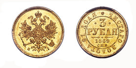 Russland / Russia ZAR ALEXANDER II., 1855-1881 Goldmünzen des Zaren Alexander II. 3 Rubel 1869, 
St. Petersburg. 3,92 g. Bitkin 31 (R); Fb. 164; Schl...