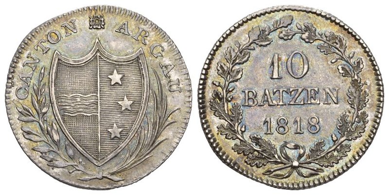 Schweiz / Switzerland / Suisse AARGAU. Kanton Aargau. 10 Batzen 1818. 7.31 g. D....