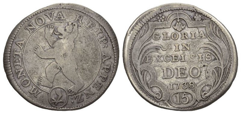 Schweiz / Switzerland / Suisse Appenzell Innerrhoden. 15 Kreuzer 1738, Appenzell...