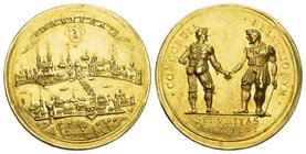 Schweiz / Switzerland / Suisse Basel Stadt Goldmedaille zu 5 Dukaten 1691. Auf die durch eidgenössische Intervention beendigten inneren Unruhen. Stadt...