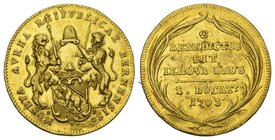 Schweiz / Switzerland / Suisse Bern Doppeldukat 1703. Av. Gekröntes Berner Wappen zwischen zwei aufrechten Löwen, die einen Hut empor halten. Neben de...