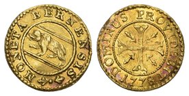 Schweiz / Switzerland / Suisse Bern Probe Vierer 1778. Goldabschlag . Av. Bär nach links in rundem Wappen.
Rv. Ankerkreuz mit Verzierungen in den Win...