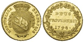 Schweiz / Switzerland / Suisse Bern Doppeldublone 1794. Av. Ovales, gekröntes Wappen mit Zweigen bekränzt. Rv. "DEUS PROVIDEBIT 1794." in einem Eichen...