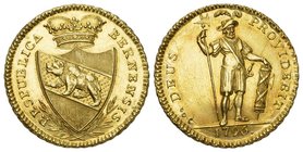 Schweiz / Switzerland / Suisse Bern Doppeldublone 1796. Av. Ovales, gekröntes Wappen mit Zweigen bekränzt. Rv. "DEUS PROVIDEBIT 1796" in einem Eichenk...