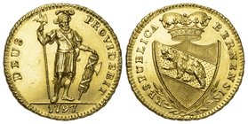 Schweiz / Switzerland / Suisse Bern Doppeldublone 1797. Av. Gekröntes, spitzes Berner Wappen in einem kleinen Kranz. Rv. Stehender Krieger mit Rutenbü...