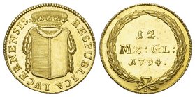 Schweiz / Switzerland / Suisse Luzern 12 Münzgulden 1794. Bekrönter und mit Girlanden behangener Luzerner Wappenschild. Rv. Wertbezeichnung mit Jahres...